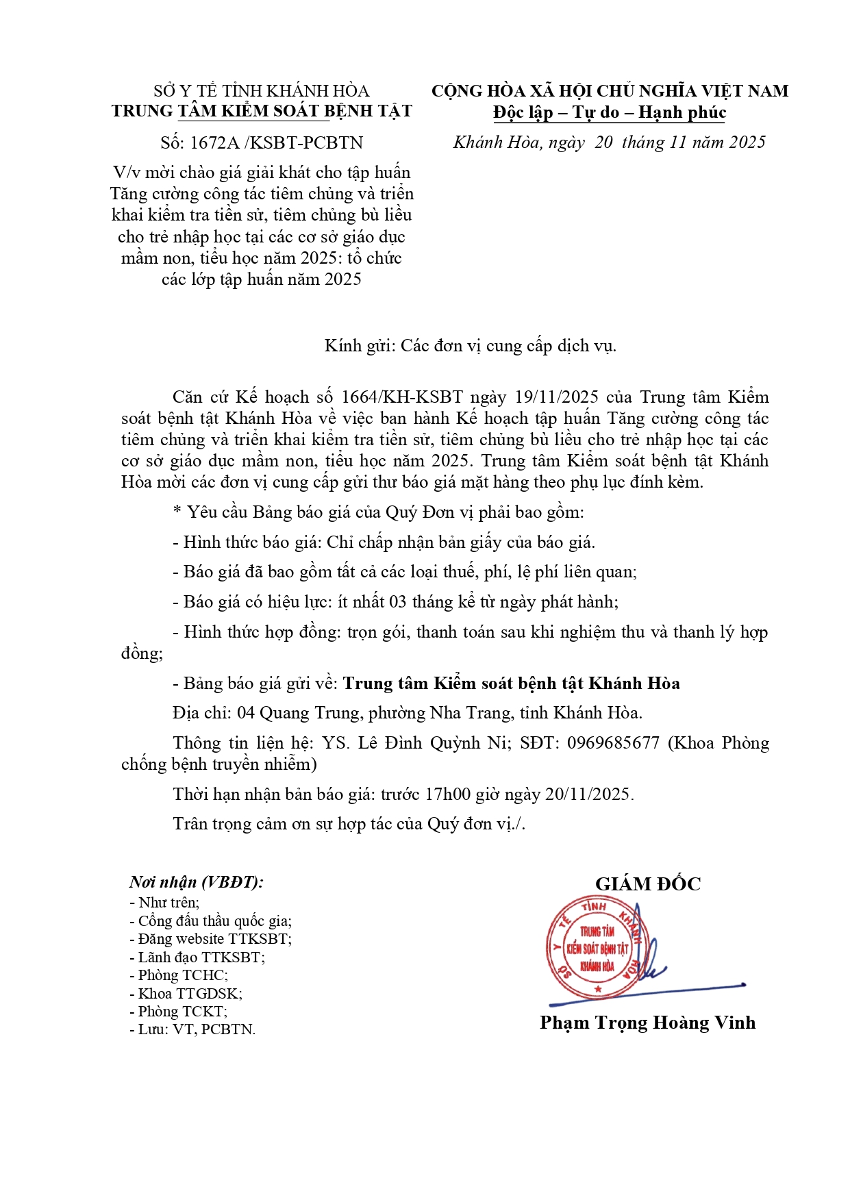 V/v mời chào giá giải khát cho tập huấn Tăng cường công tác tiêm chủng và triển khai kiểm tra tiền sử, tiêm chủng bù liều cho trẻ nhập học tại các cơ sở giáo dục mầm non, tiểu học năm 2025: tổ chức các lớp tập huấn năm 2025